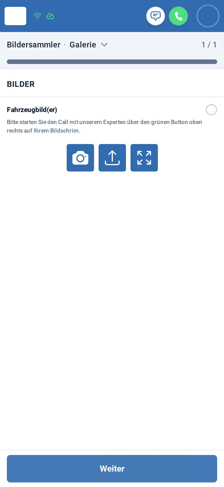 Der Vorgang Bildersammler auf dem Handy: Schritt Galerie, 1 von 1, mit der Zeile Fahrzeugbild(er) und Schaltflächen für Kamera, Upload und Vollbildkamera