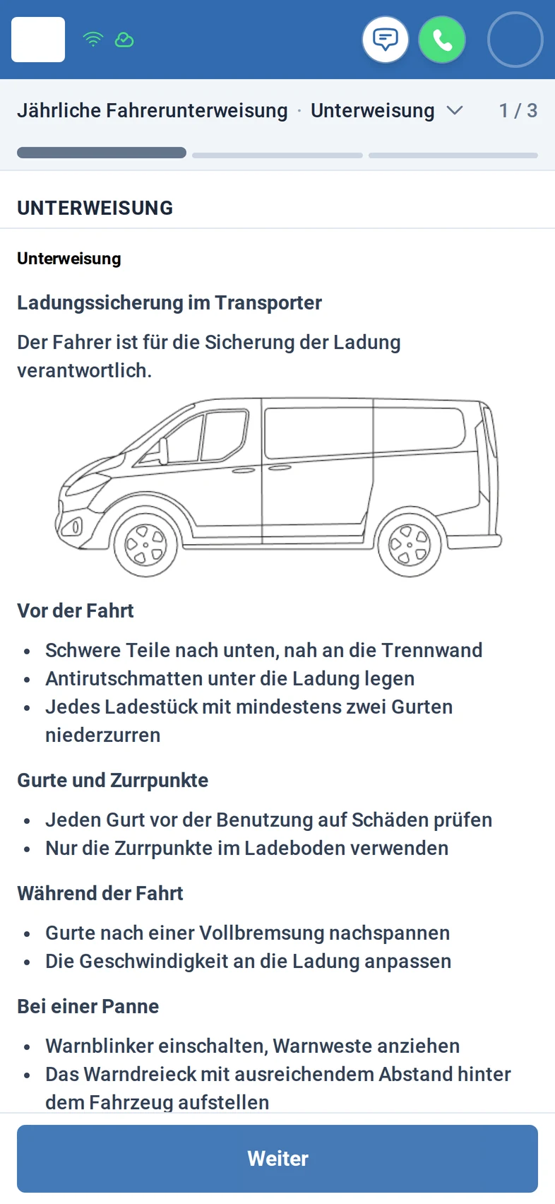 Schritt Unterweisung, 1 von 3: die Unterweisung 'Ladungssicherung im Transporter' mit einer Strichzeichnung eines Transporters und kurzen Aufzählungen zu vor der Fahrt, Gurten und Zurrpunkten, während der Fahrt und Panne