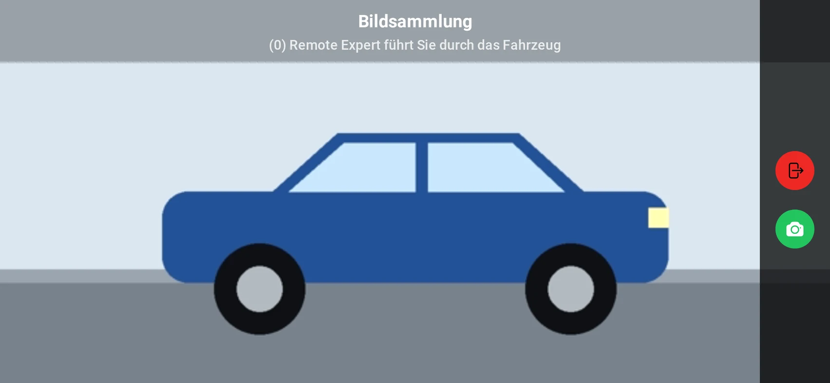 Das Handy im Querformat: Die Live-Kamera zeigt ein Auto von der Seite, rechts der Auslöser und die Schaltfläche zum Schließen
