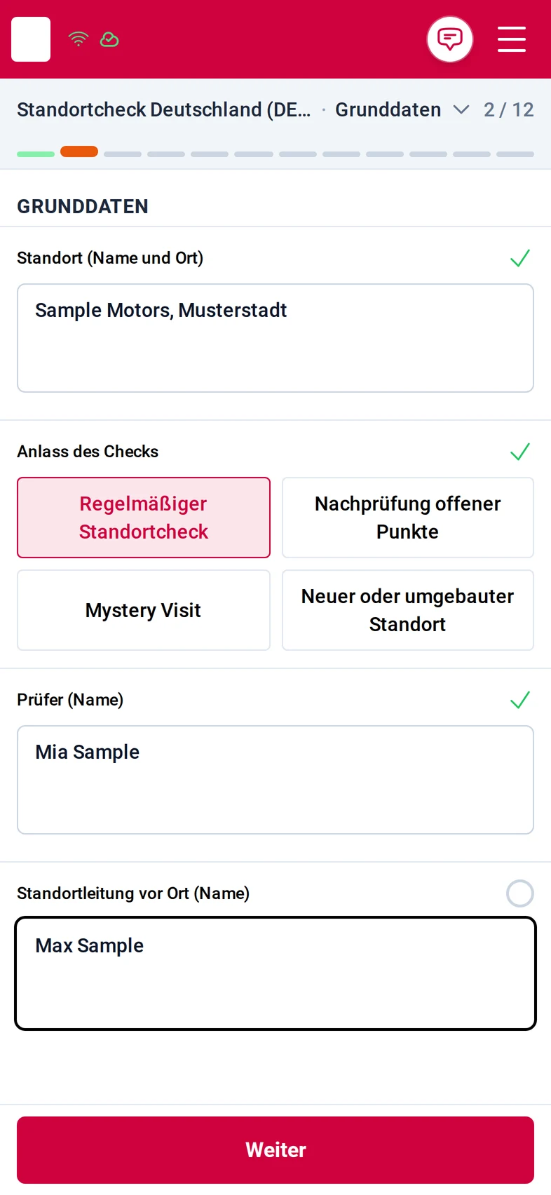 Schritt Grunddaten, 2 von 12: der Standort Sample Motors, der Anlass Regelmäßiger Standortcheck aus vier Optionen, die Prüferin Mia Sample und die Standortleitung