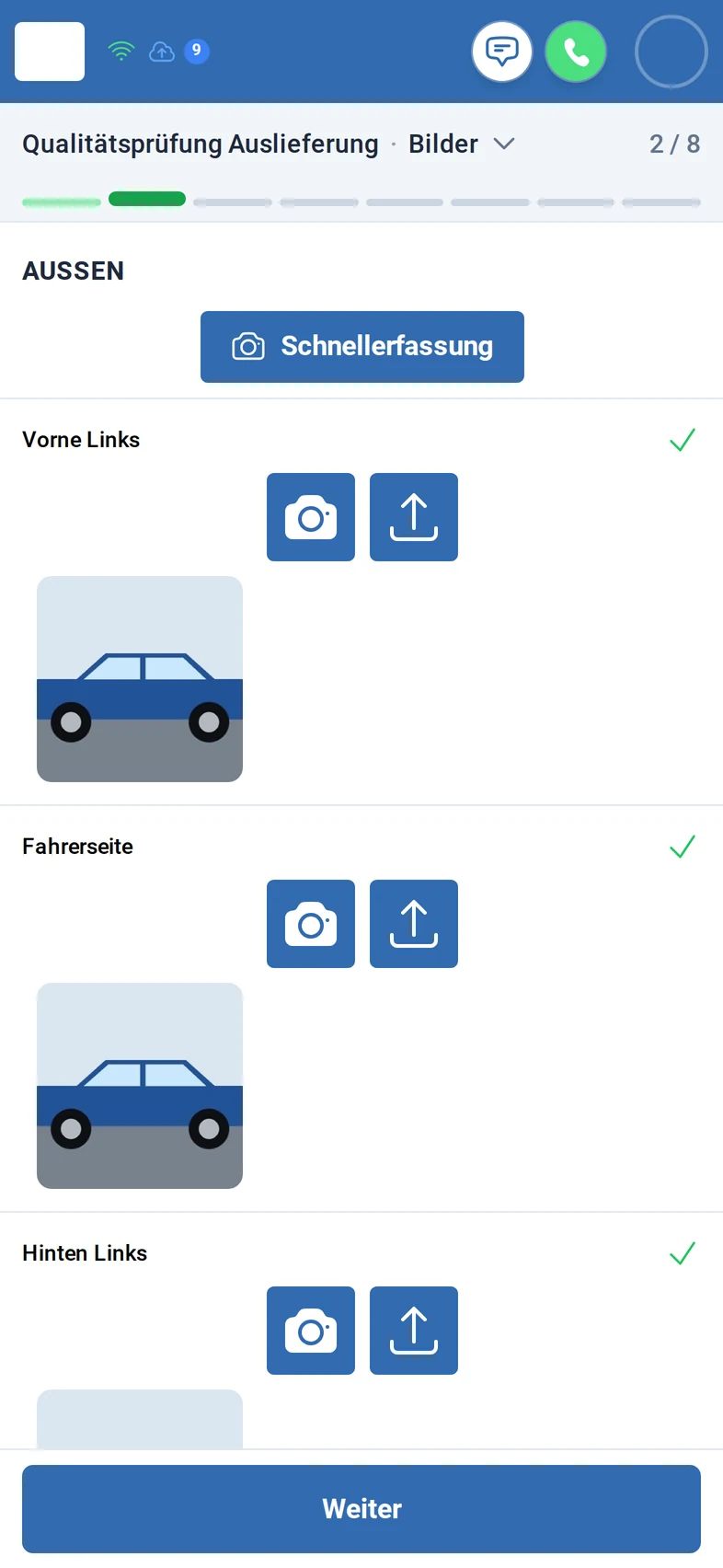 Schritt Bilder, 2 von 8: die Schaltfläche Schnellerfassung und die Außenpositionen Vorne Links und Fahrerseite, jeweils mit grünem Haken und einer Vorschau des Autos