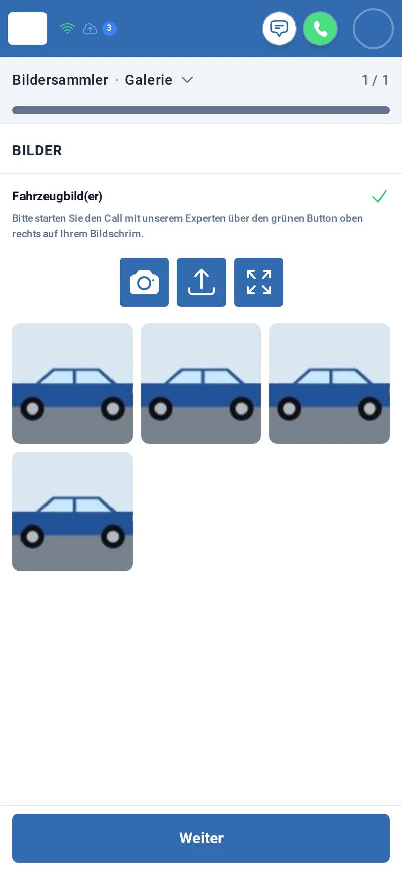 Der Fotoschritt mit vier Bildern eines Autos als Vorschau und einem grünen Haken bei Fahrzeugbild(er)