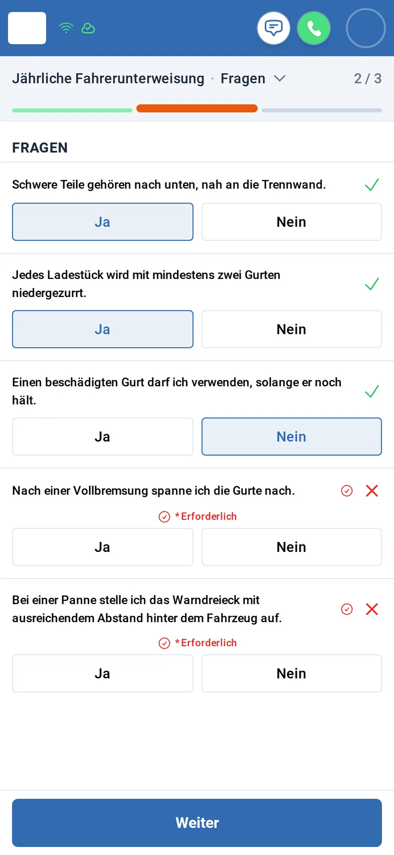 Schritt Fragen, 2 von 3: fünf Kontrollfragen zur Ladungssicherung mit Ja/Nein; drei sind beantwortet und abgehakt, die letzten zwei sind noch als Erforderlich markiert