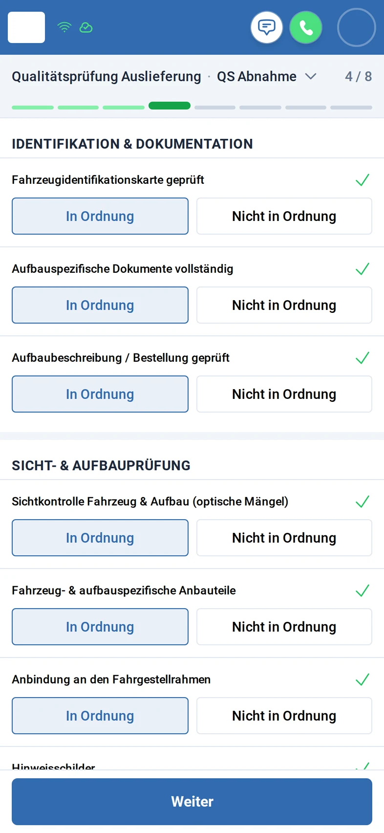 Schritt QS Abnahme, 4 von 8: die Gruppen Identifikation und Dokumentation sowie Sicht- und Aufbauprüfung, jeder Punkt mit In Ordnung beantwortet