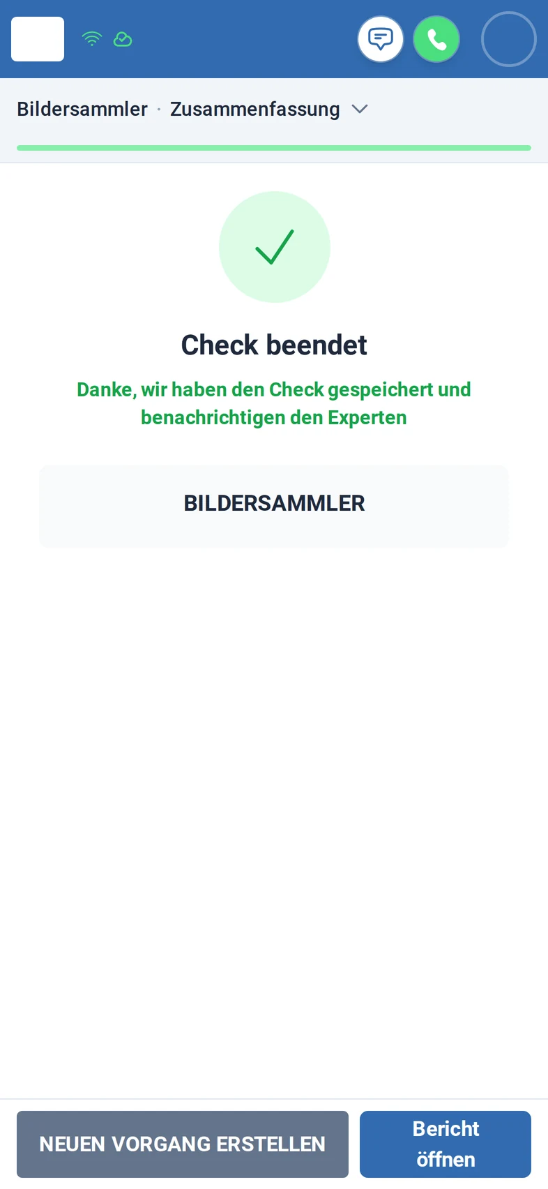 Der Vorgang ist abgeschlossen: ein grüner Haken, Check beendet, und die Schaltflächen Neuen Vorgang erstellen und Bericht öffnen
