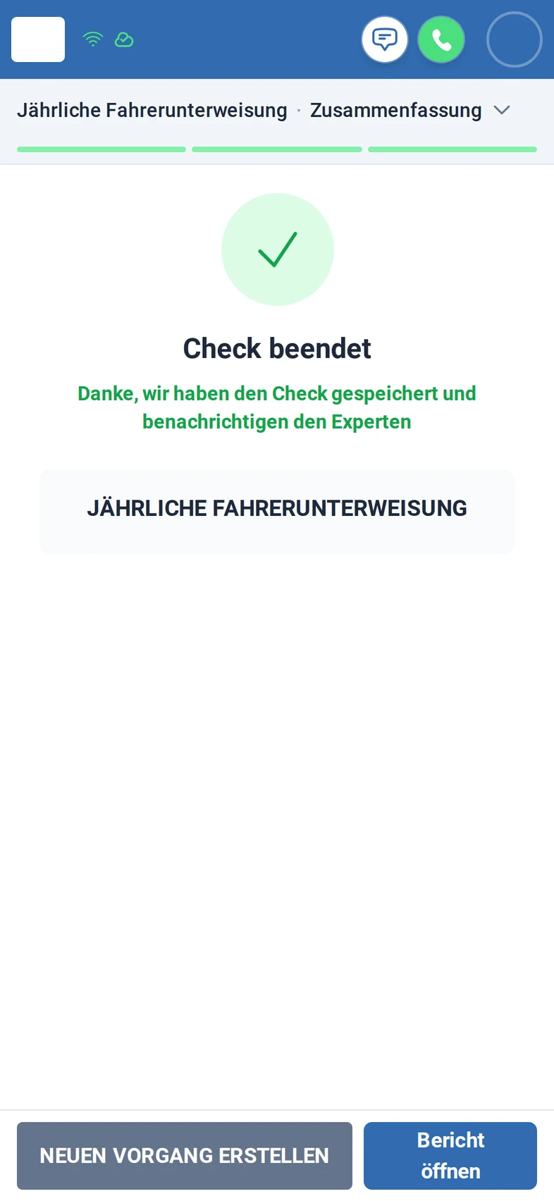 Alle Antworten gegeben und unterschrieben: Der Vorgang ist abgeschlossen, mit grünem Haken, 'Check beendet' und der Schaltfläche Bericht öffnen