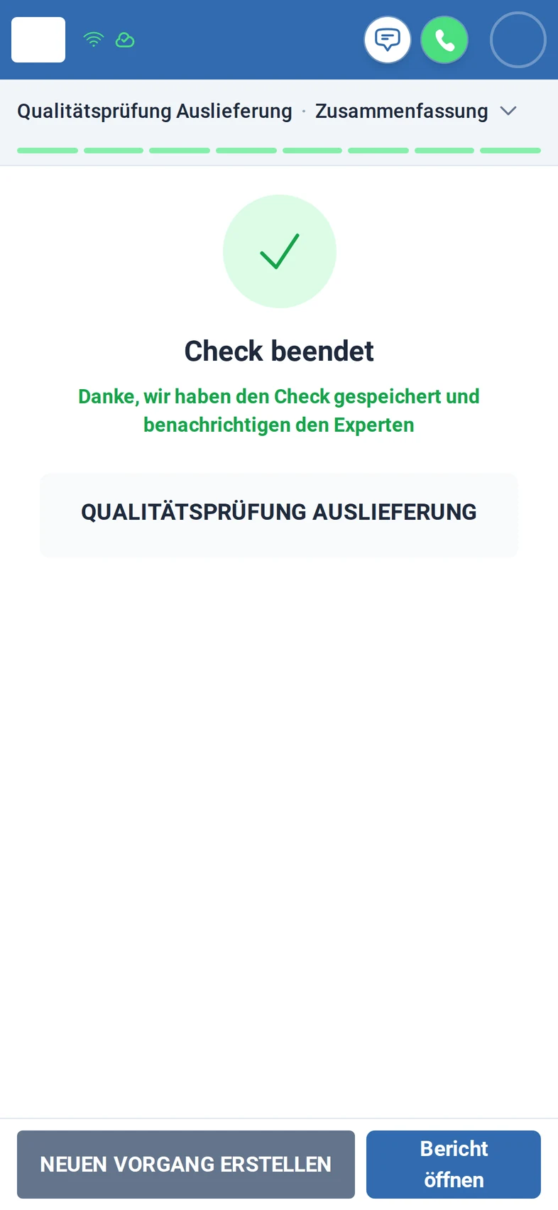 Die Prüfung ist abgeschlossen: ein grüner Haken, Check beendet, und die Schaltflächen Neuen Vorgang erstellen und Bericht öffnen