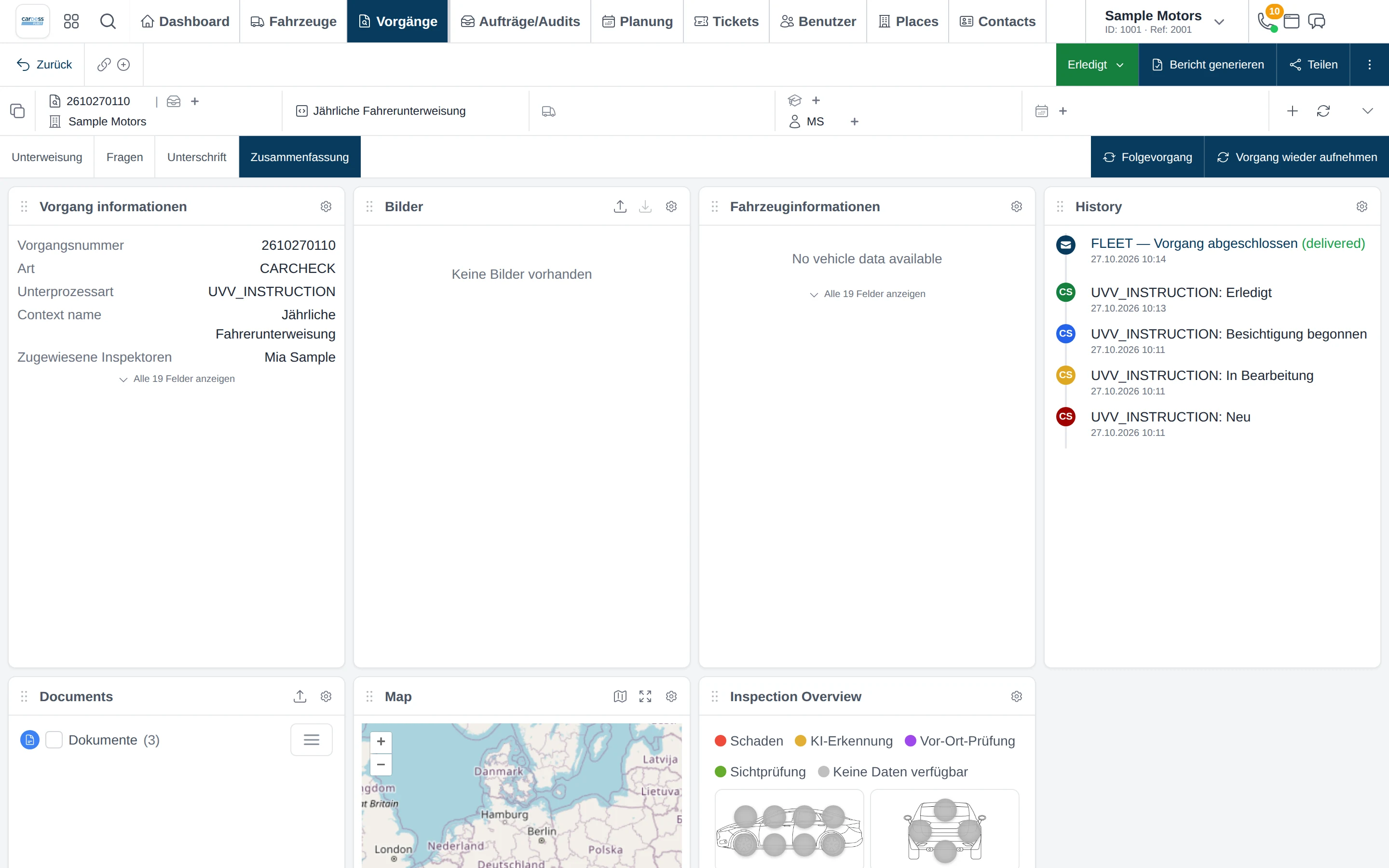 Fleet Expert am Desktop: der abgeschlossene Unterweisungsvorgang mit Status Erledigt, der Fahrerin Mia Sample als Inspektorin, den Reitern Unterweisung, Fragen, Unterschrift und Zusammenfassung sowie dem Verlauf mit Datum und Uhrzeit jedes Status