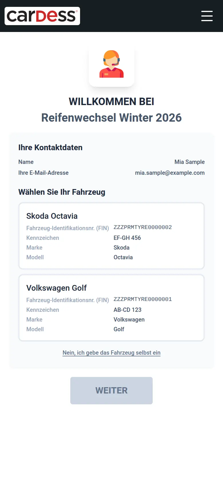 Startseite des persönlichen Links: Kontaktdaten von Mia Sample und zwei verknüpfte Fahrzeuge, ein Skoda Octavia (EF-GH 456) und ein Volkswagen Golf (AB-CD 123), jeweils als Karte zum Antippen