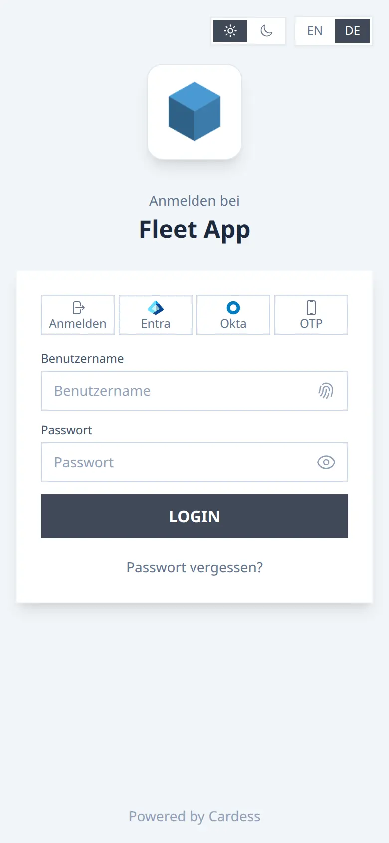 Anmeldeseite der Fleet App mit den Feldern Benutzername und Passwort und dem Button Login