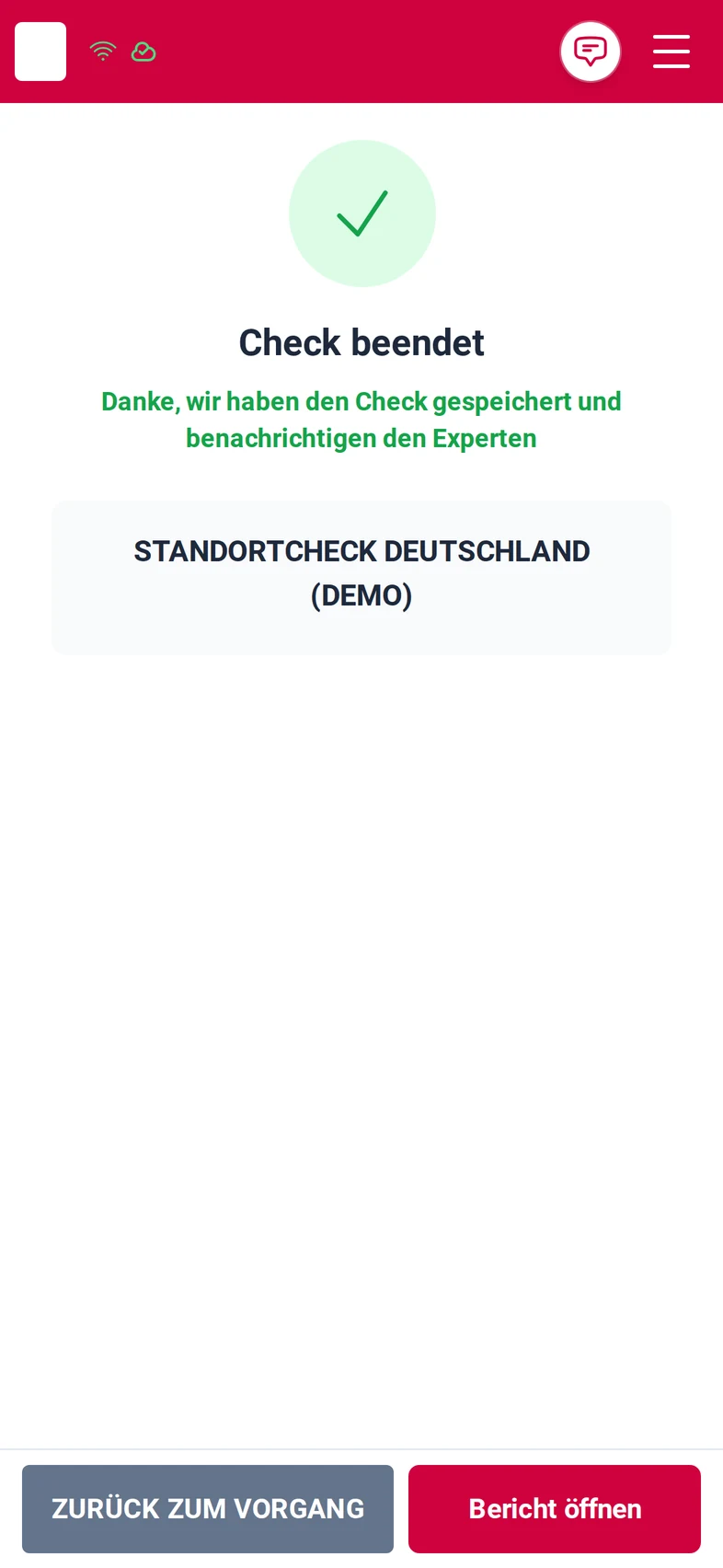 Der abgeschlossene Check: ein grüner Haken, „Check beendet“, der Kontextname und die Schaltflächen Zurück zum Vorgang und Bericht öffnen