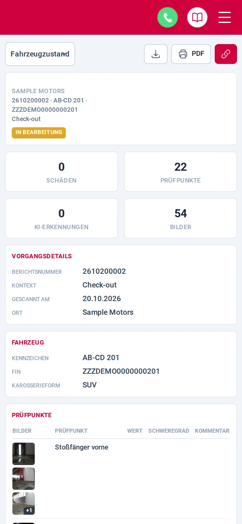 Check-out-Bericht desselben Fahrzeugs auf dem Handy mit 0 Schäden, 22 Prüfpunkten und 54 Bildern