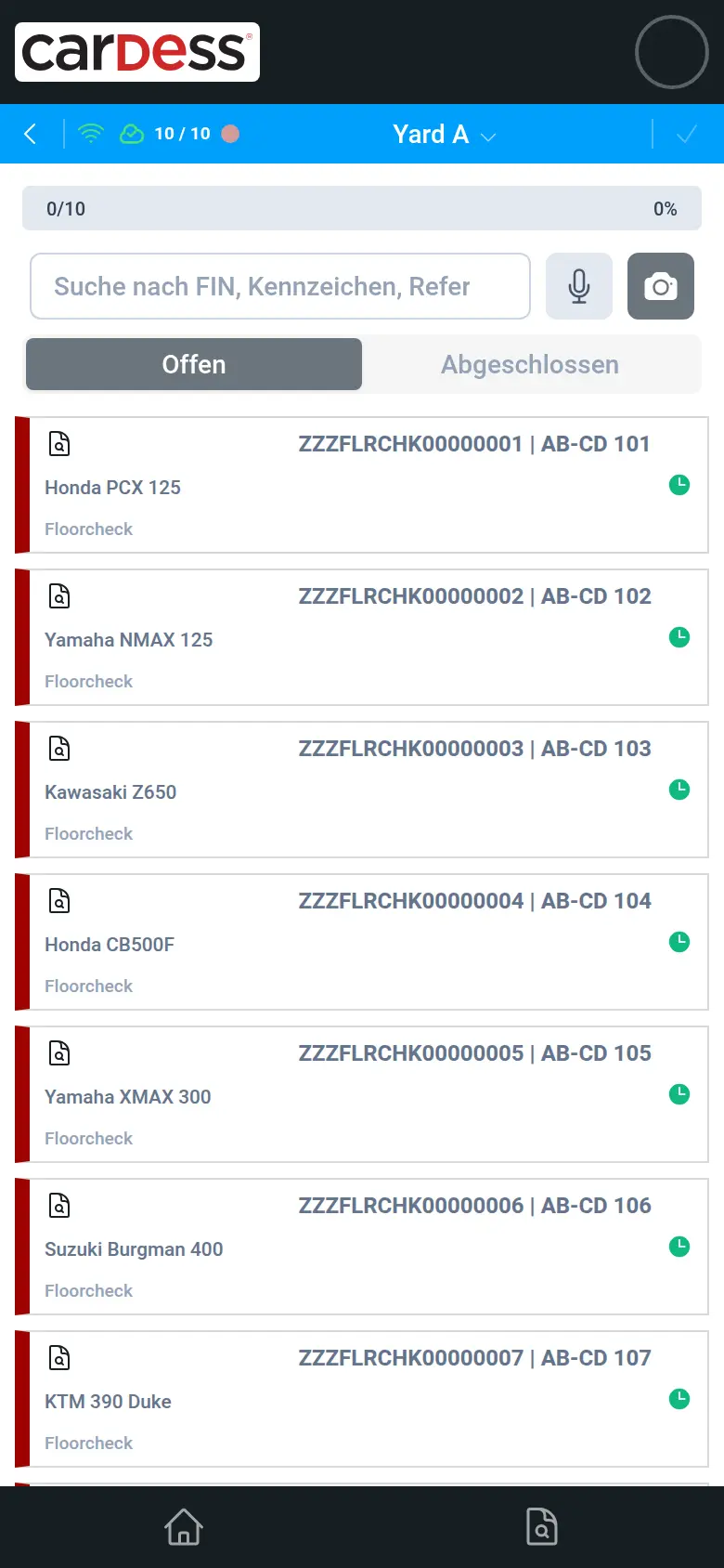 Das Audit Yard A auf dem Handy: Fortschritt 0 von 10 und die offenen Fahrzeuge, jeweils mit FIN, Kennzeichen und Modell