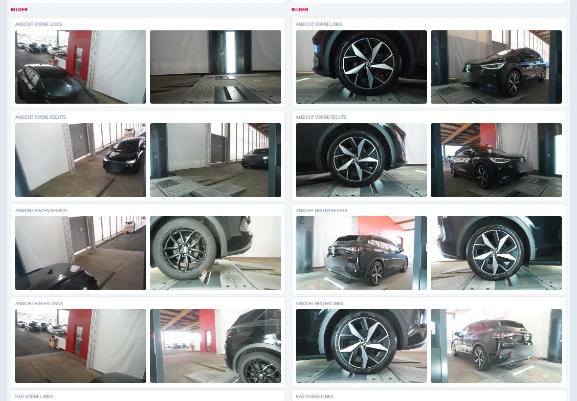 Vergleichsbericht auf einem Tablet: die vier Eckfotos vom Check-in links und vom Check-out rechts, Zeile für Zeile