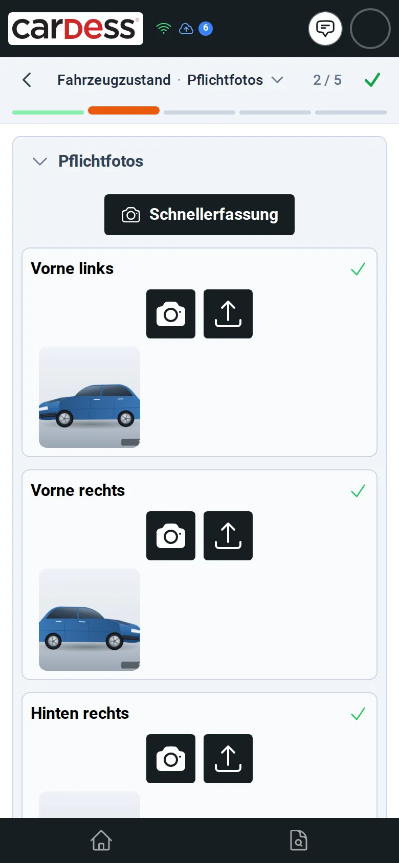Schritt Pflichtfotos mit den Positionen Vorne links, Vorne rechts und Hinten rechts, jeweils mit Foto und grünem Haken