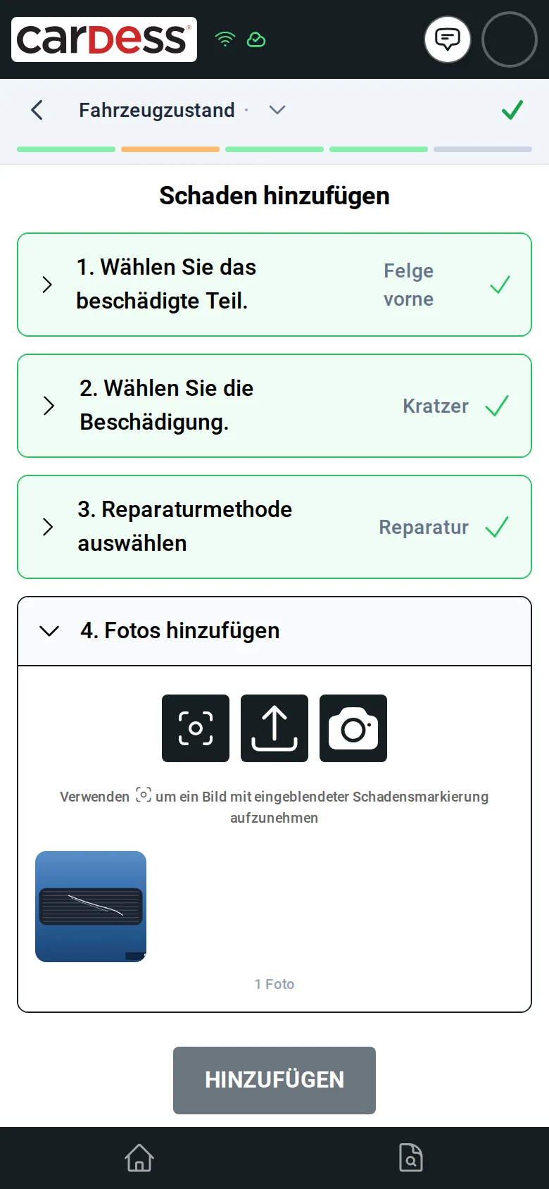 Dialog Schaden hinzufügen mit dem Teil Felge vorne, der Schadensart Kratzer und einem hinzugefügten Foto