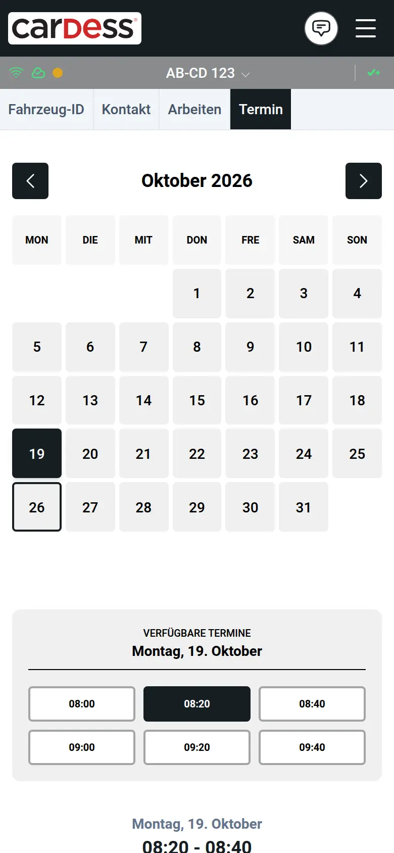 Terminschritt: Kalender Oktober mit ausgewähltem Montag, 19., und den freien Uhrzeiten des Tages