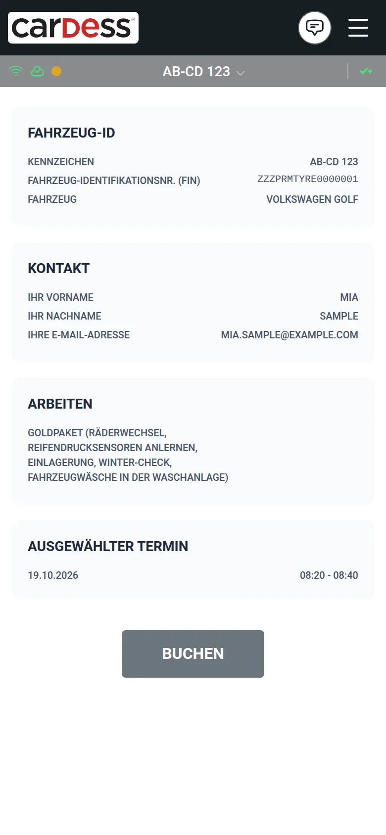 Zusammenfassung vor dem Buchen: Fahrzeug, Kontakt, gewählte Arbeiten und Termin, mit dem Button Buchen
