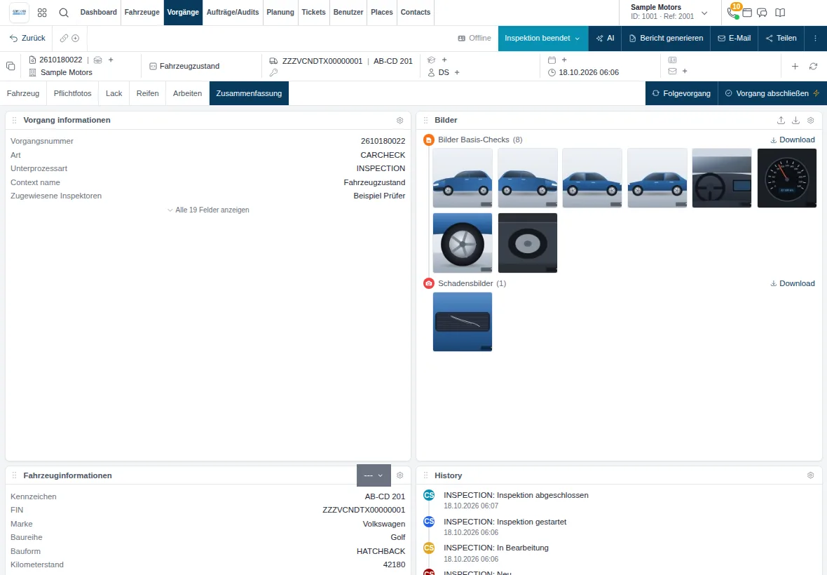 Fleet Expert auf dem Tablet: der fertige Vorgang mit dem Status Inspektion beendet, der Schaltfläche Folgevorgang und den Fotos