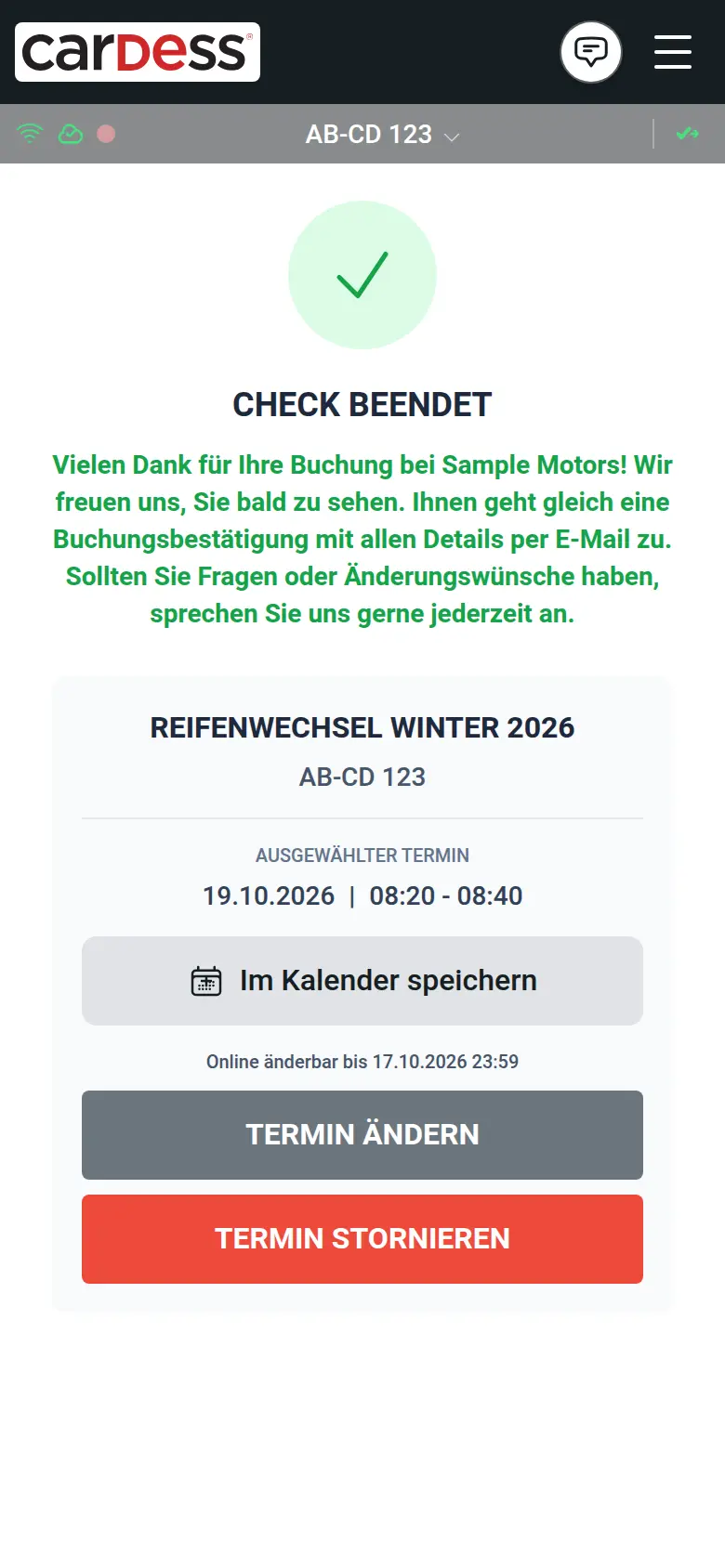 Buchung bestätigt: Termin mit Im Kalender speichern, der Frist für Online-Änderungen und den Buttons Termin ändern und Termin stornieren