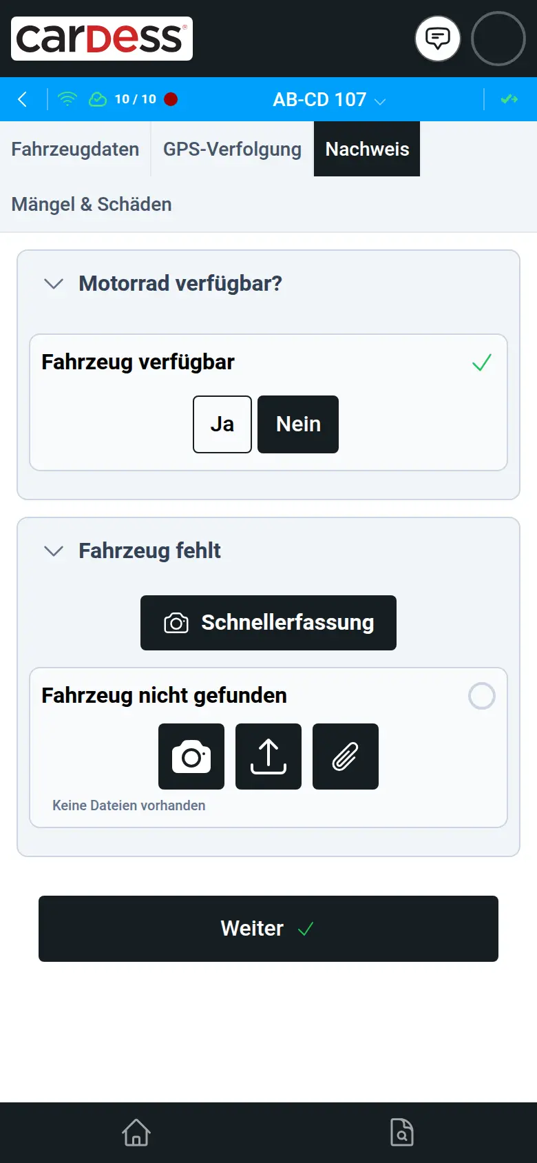 Schnellprüfung von AB-CD 107: Fahrzeug verfügbar mit Nein beantwortet, darunter der Eintrag Fahrzeug nicht gefunden für Foto oder Datei