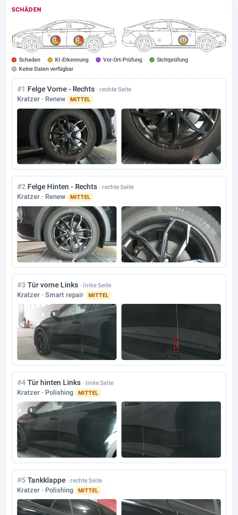 Schadensliste des Check-in-Berichts auf dem Handy: Kratzer an Felgen und Türen, jeweils mit Übersichts- und Detailfoto