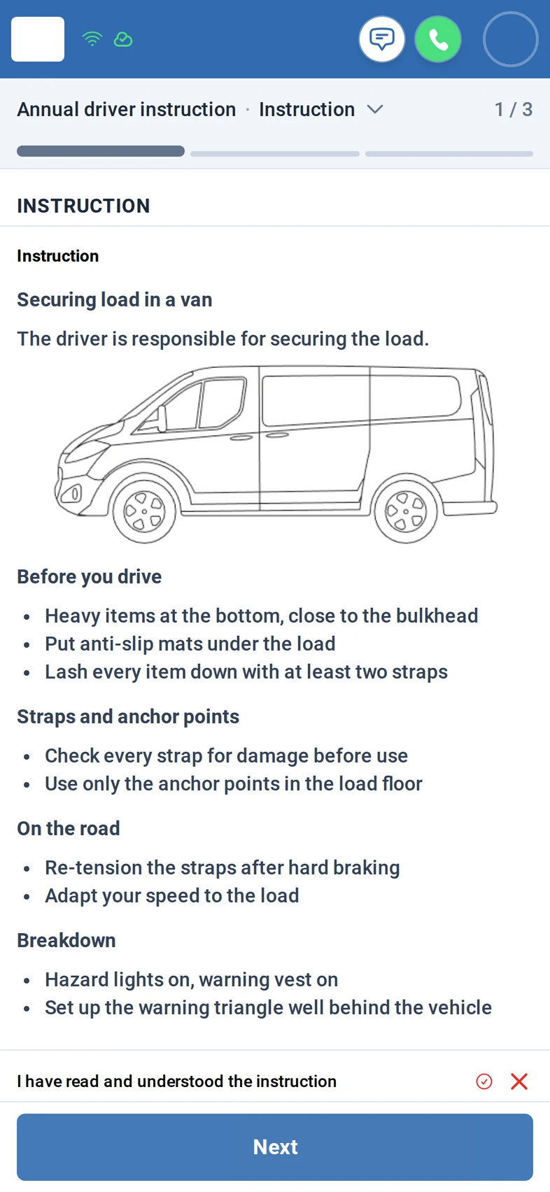 Step Instruction, 1 of 3: the instruction 'Securing load in a van' with a line drawing of a van and short bullet lists for before you drive, straps and anchor points, on the road and breakdown