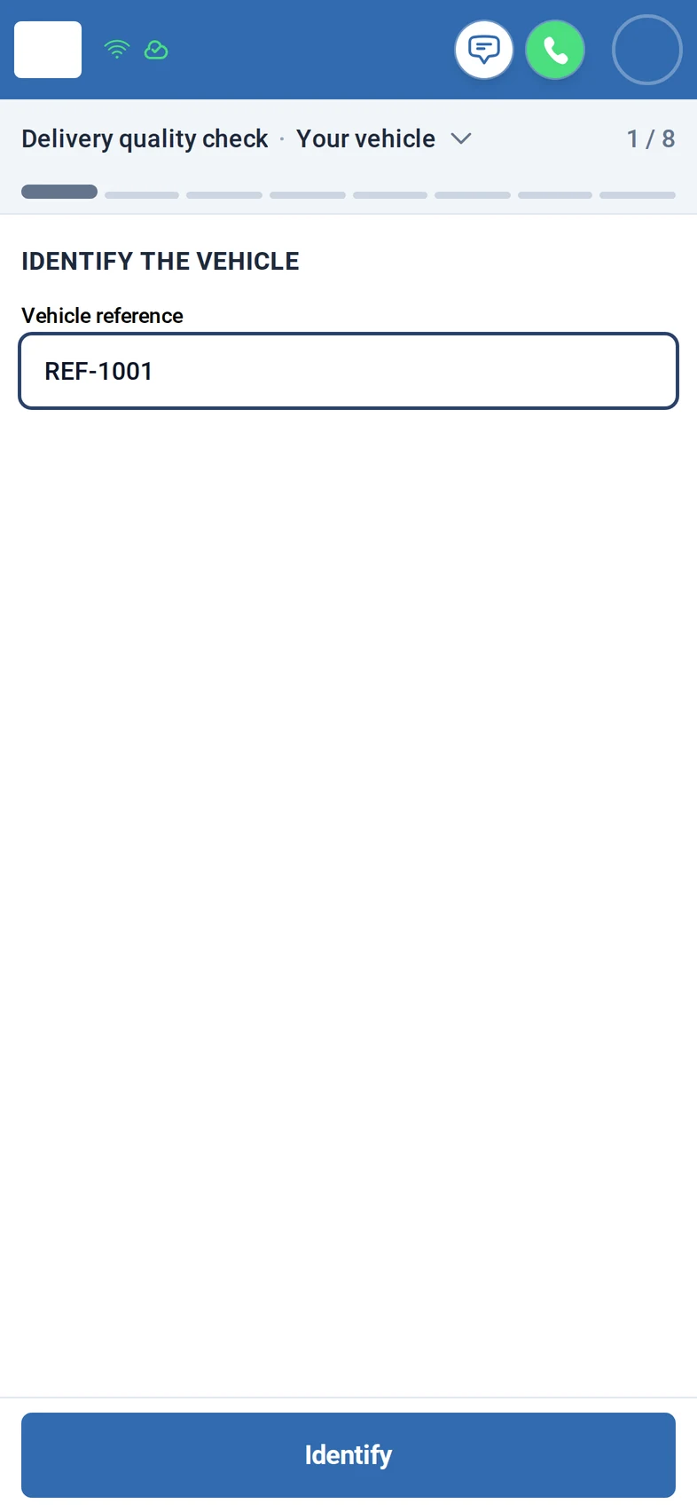 Step Your vehicle, 1 of 8: the field Vehicle reference with a made-up reference typed in and the Identify button