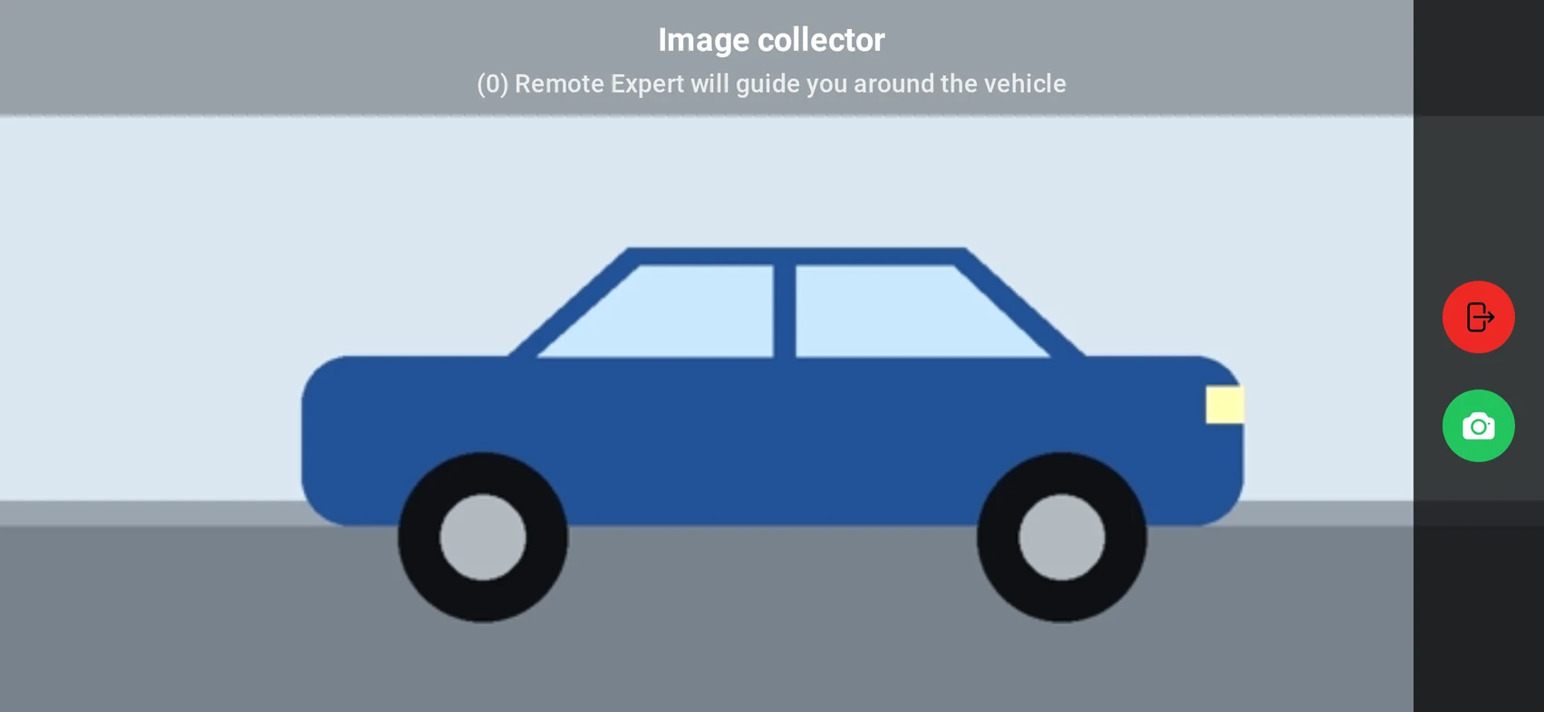 The phone turned to landscape: the live camera shows a car from the side, with the shutter button and the close button on the right