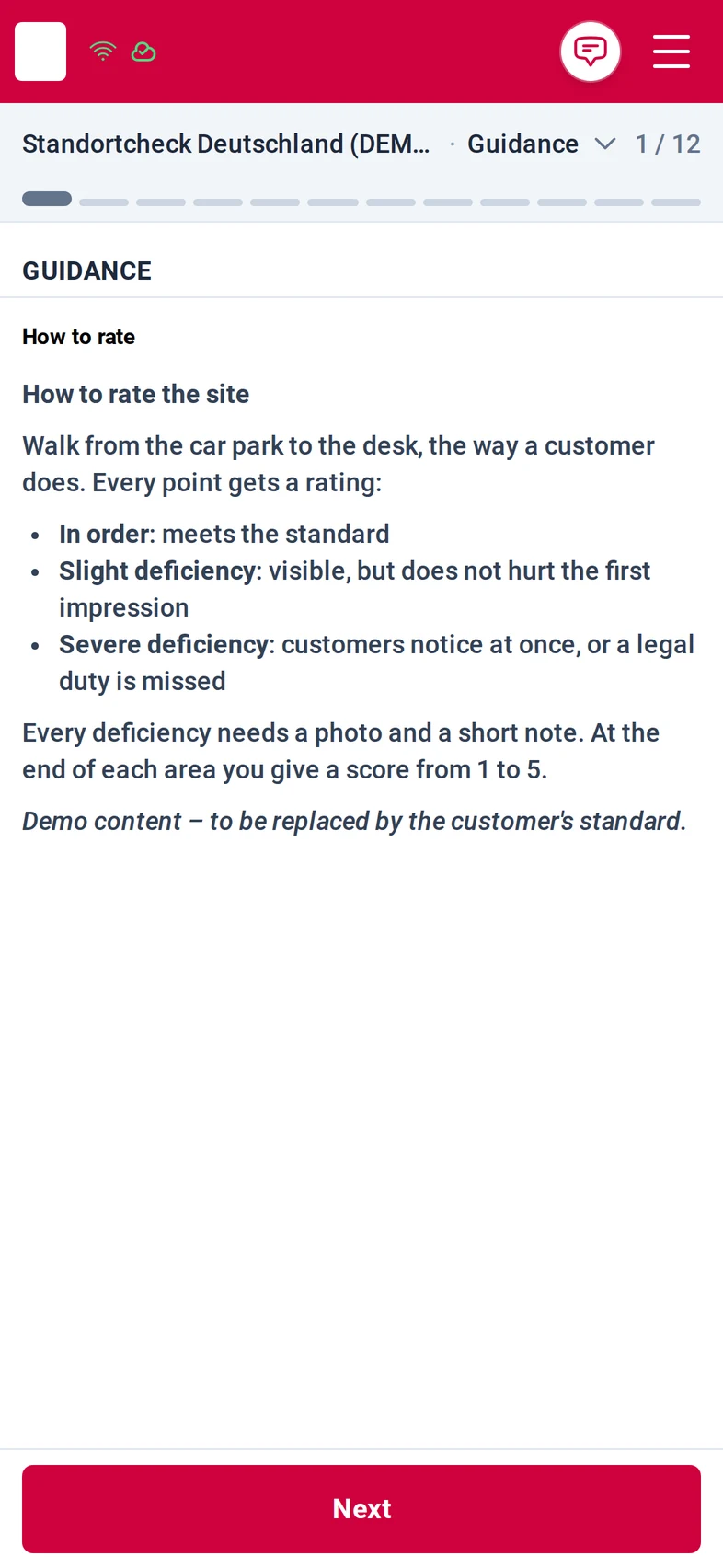Step Guidance, 1 of 12: 'How to rate the site' explains the three ratings In order, Slight deficiency and Severe deficiency, that every deficiency needs a photo and a note, and the score from 1 to 5 per area