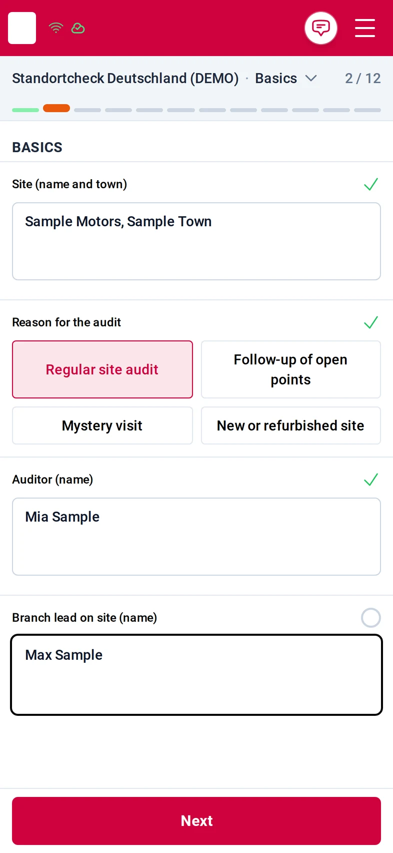 Step Basics, 2 of 12: the site Sample Motors, the reason Regular site audit chosen from four options, the auditor Mia Sample and the branch lead