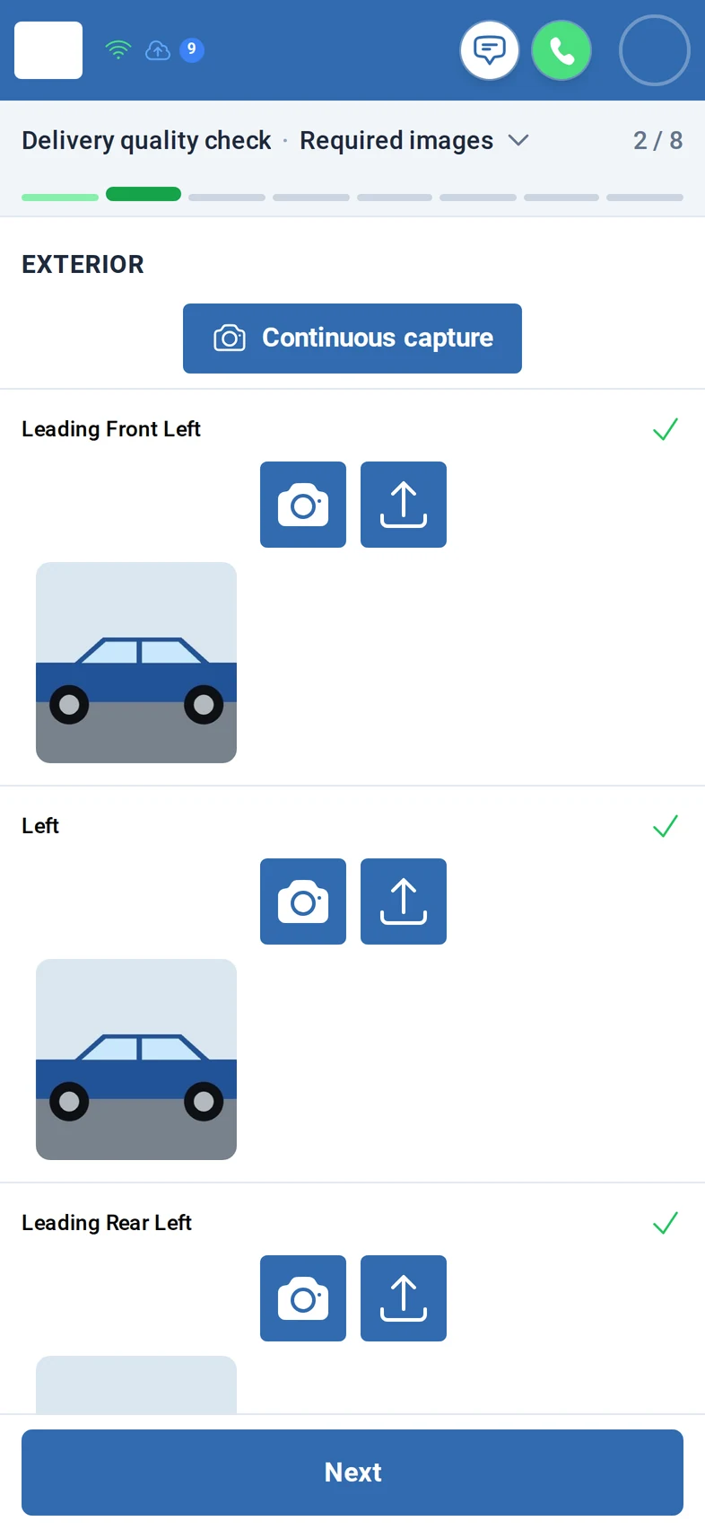 Step Required images, 2 of 8: the button Continuous capture and the exterior positions Leading Front Left and Left, each with a green tick and a thumbnail of the car