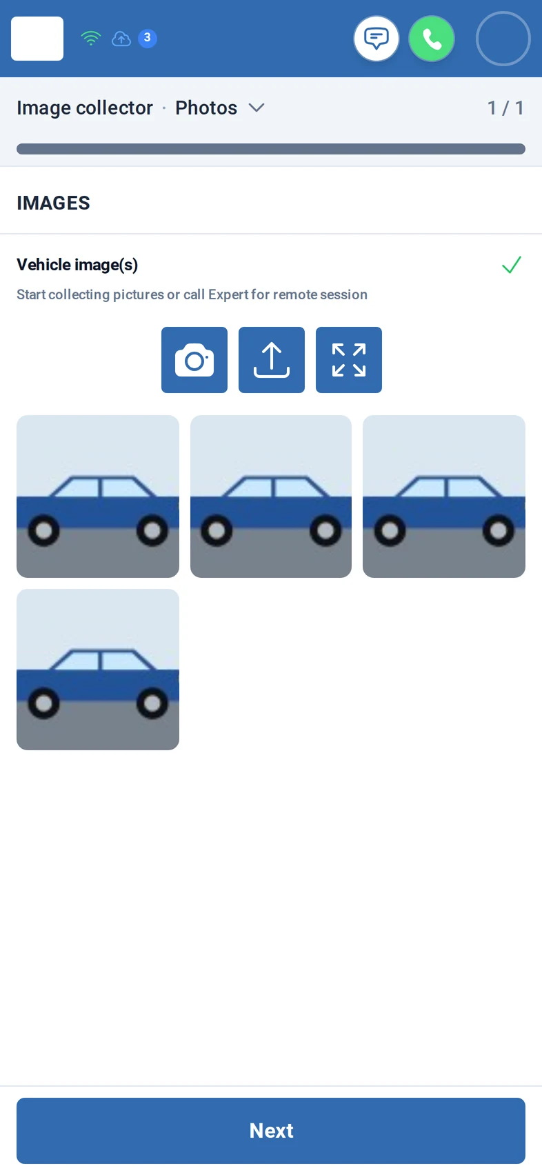 The photo step with four pictures of a car as thumbnails and a green tick at Vehicle image(s)