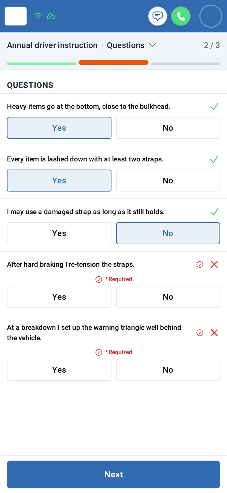 Step Questions, 2 of 3: five yes/no control questions on securing the load; three are answered and ticked, the last two are still marked Required