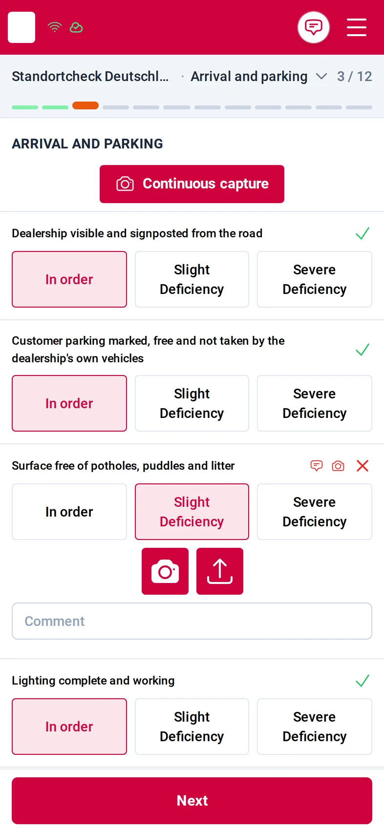 Step Arrival and parking, 3 of 12: five checks with the buttons In order, Slight deficiency and Severe deficiency; two are in order, the surface check is a slight deficiency and shows the camera and upload buttons