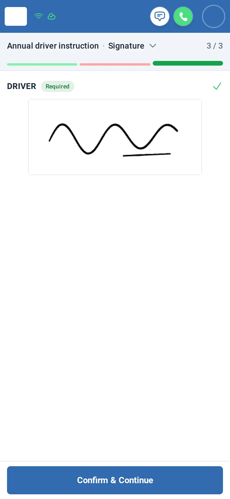 Step Signature, 3 of 3: the driver's signature drawn in the Driver field, ticked as saved, with the Confirm & Continue button