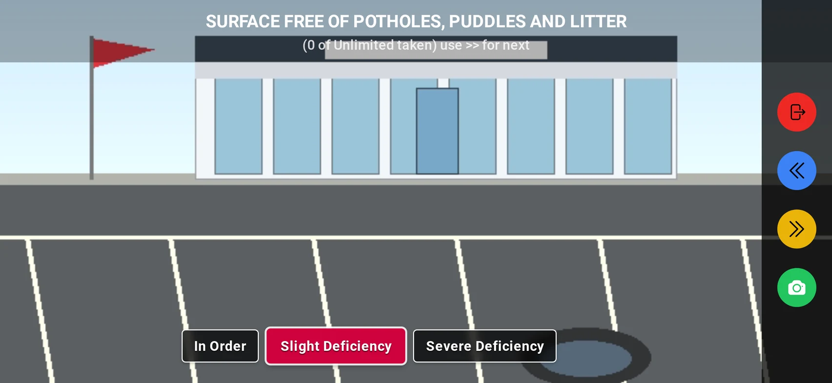 The in-app camera in landscape on the check 'Surface free of potholes, puddles and litter': a dealership forecourt in the live preview, the three rating buttons below and the shutter on the right