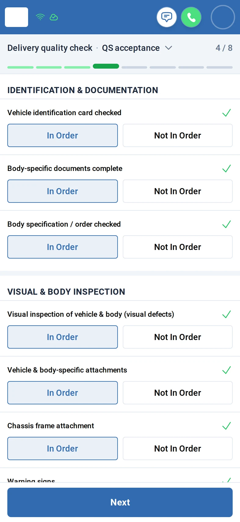 Step QS acceptance, 4 of 8: the checklist groups Identification and documentation and Visual and body inspection, every item answered In Order