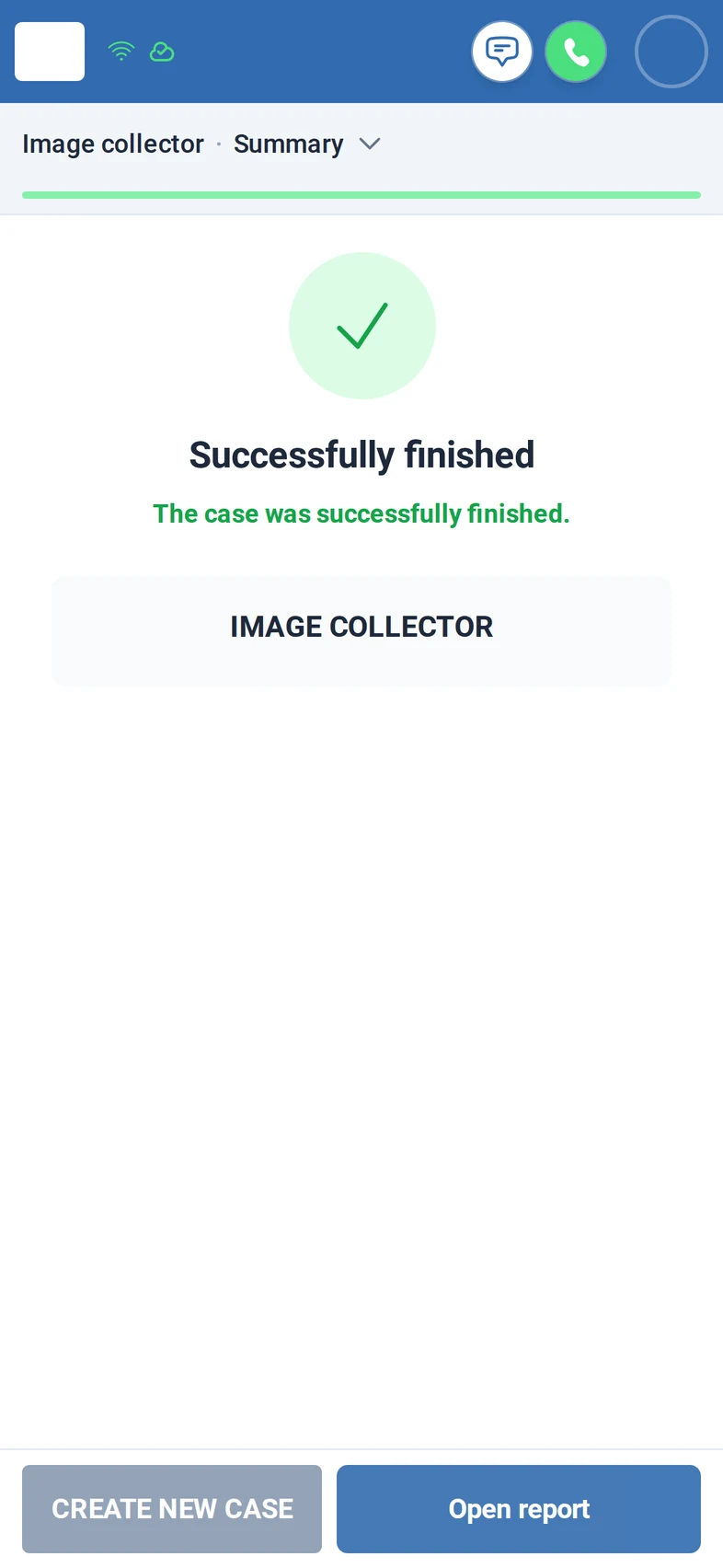 The case is finished: a green tick, Successfully finished, and the buttons Create new case and Open report