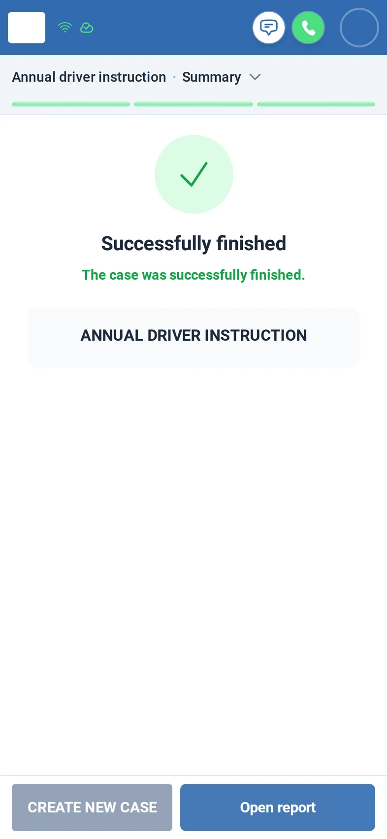 All answers given and signed: the case is finished, with a green tick, 'Successfully finished' and the Open report button