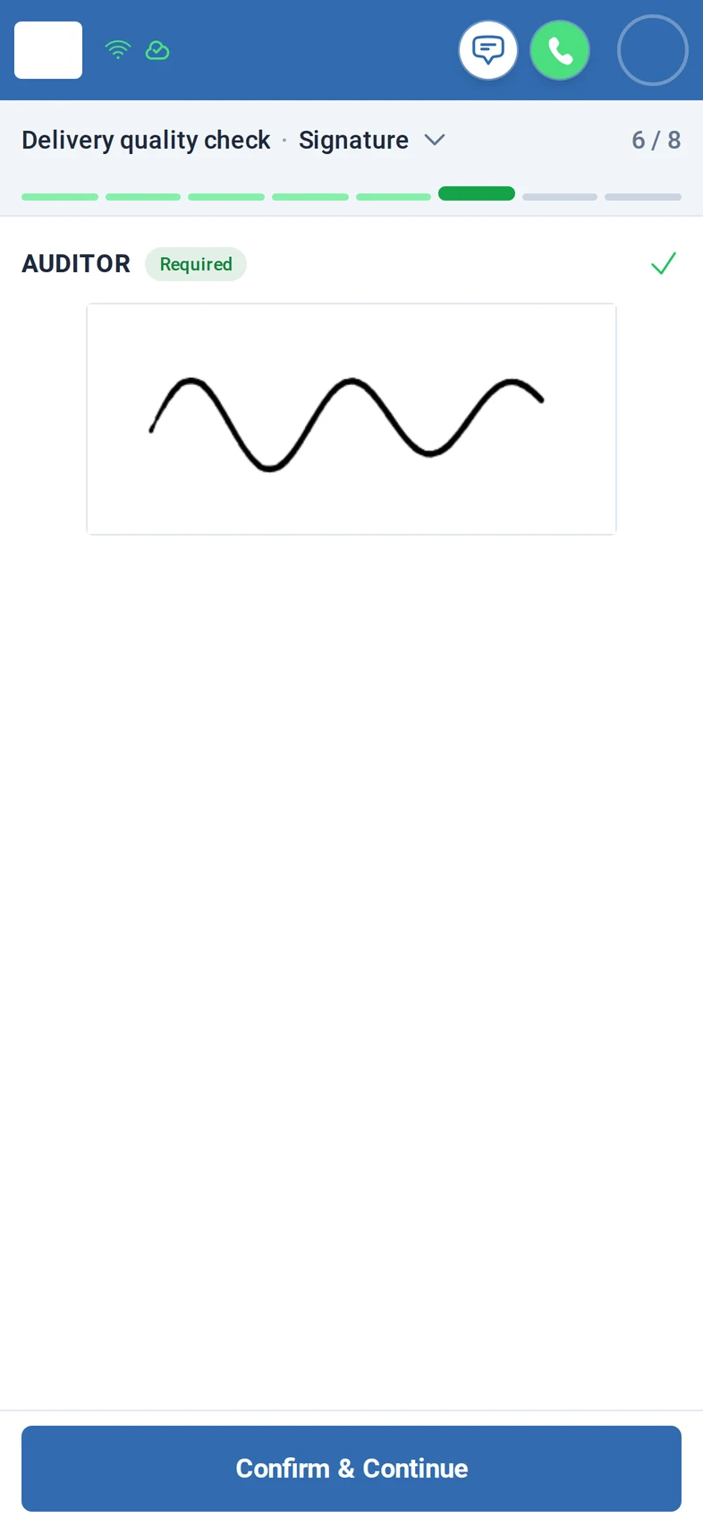 Step Signature, 6 of 8: the signature drawn in the Auditor field, marked Required and ticked as saved, with the Confirm and Continue button