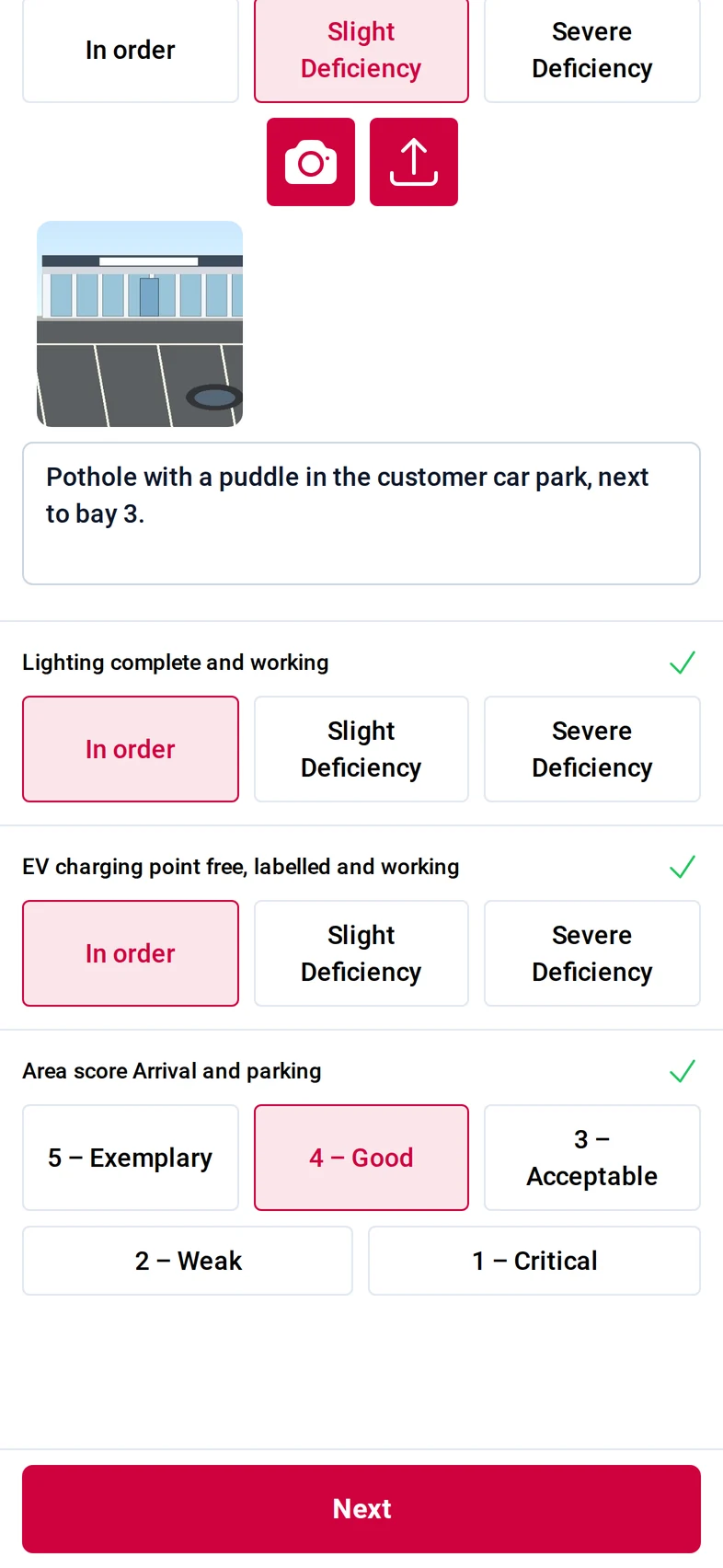 The end of the area Arrival and parking: the remaining checks in order and the area score with the buttons 5 Exemplary to 1 Critical, 4 Good chosen