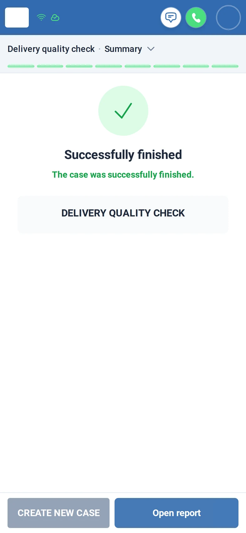 The check is finished: a green tick, Successfully finished, and the buttons Create new case and Open report