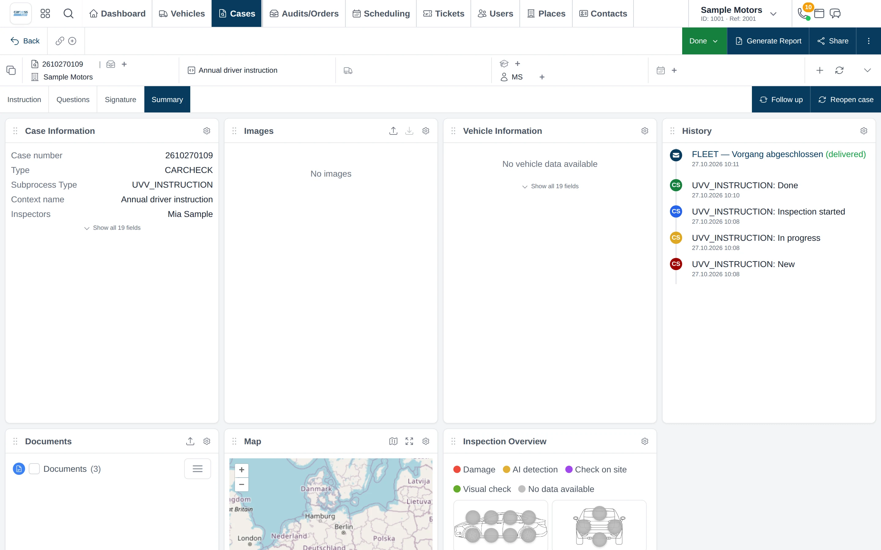 Fleet Expert on the desktop: the finished instruction case with status Done, the driver Mia Sample as inspector, the tabs Instruction, Questions, Signature and Summary, and the history with date and time of each status