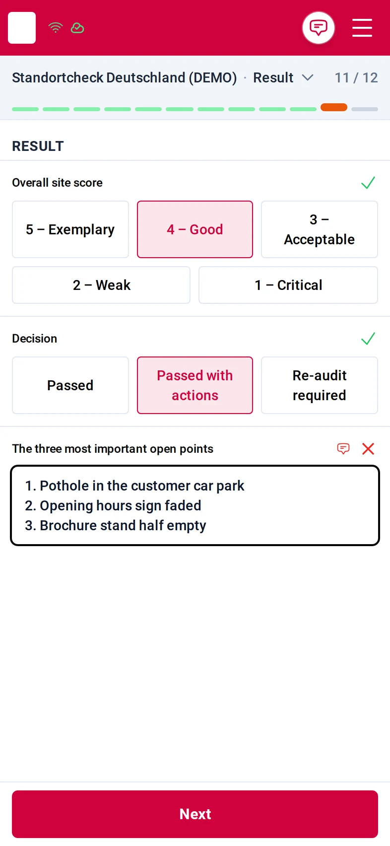 Step Result, 11 of 12: the overall site score 4 Good, the decision Passed with actions, and the three most important open points typed as a list
