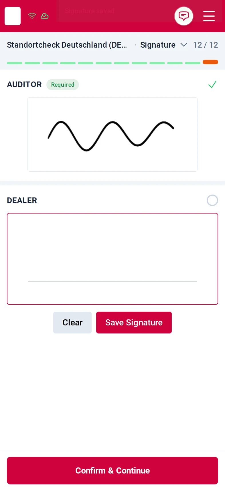 Step Signature, 12 of 12: the auditor's signature drawn and saved in the required Auditor field, an empty optional second signature field below, and the Confirm & Continue button