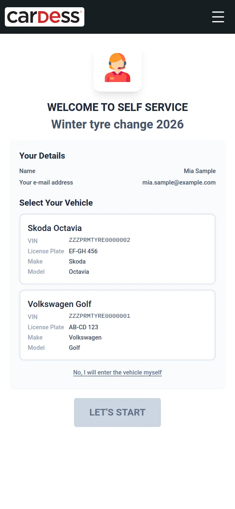 Landing page of the personal link: Mia Sample's details and two linked vehicles, a Skoda Octavia (EF-GH 456) and a Volkswagen Golf (AB-CD 123), each as a card to tap