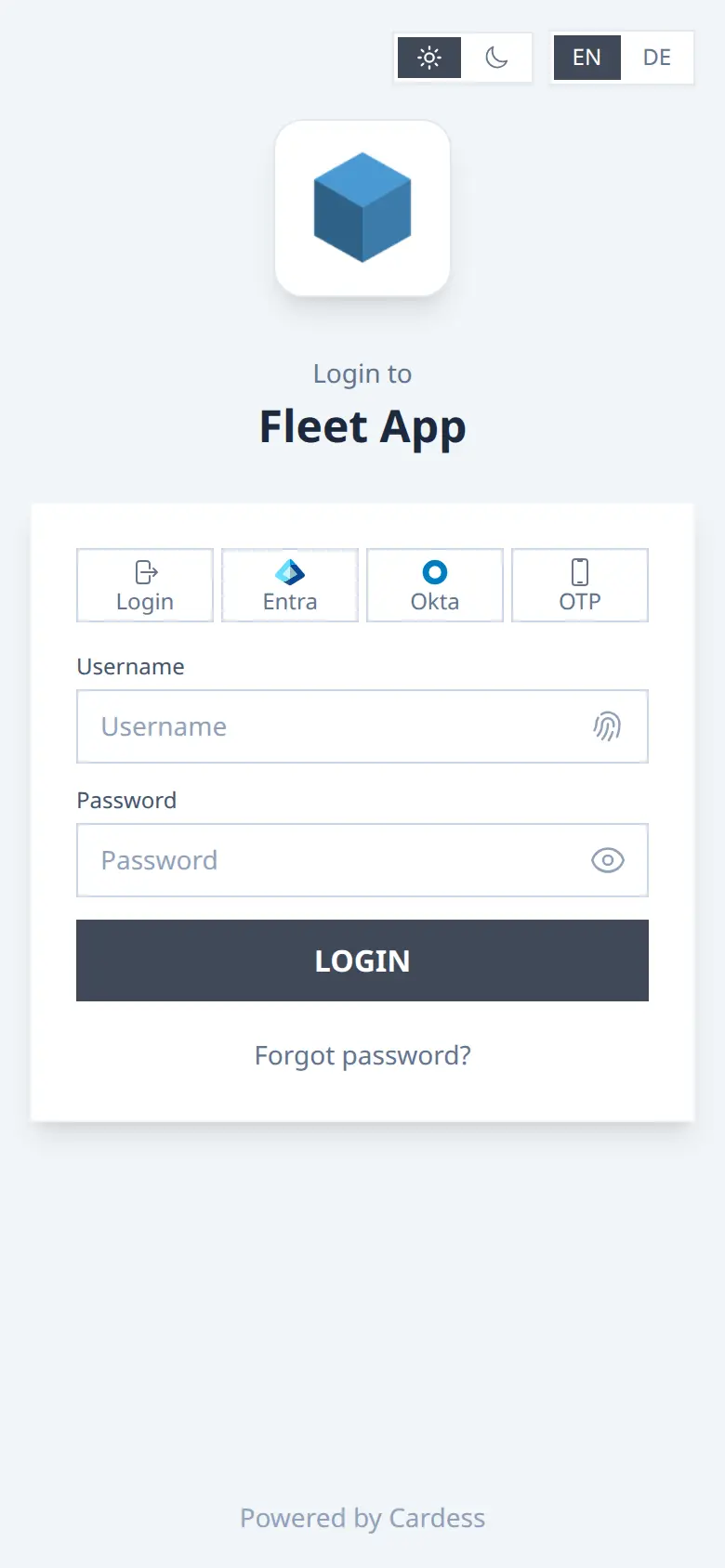 Sign-in screen of the Fleet App with username and password fields and a Login button
