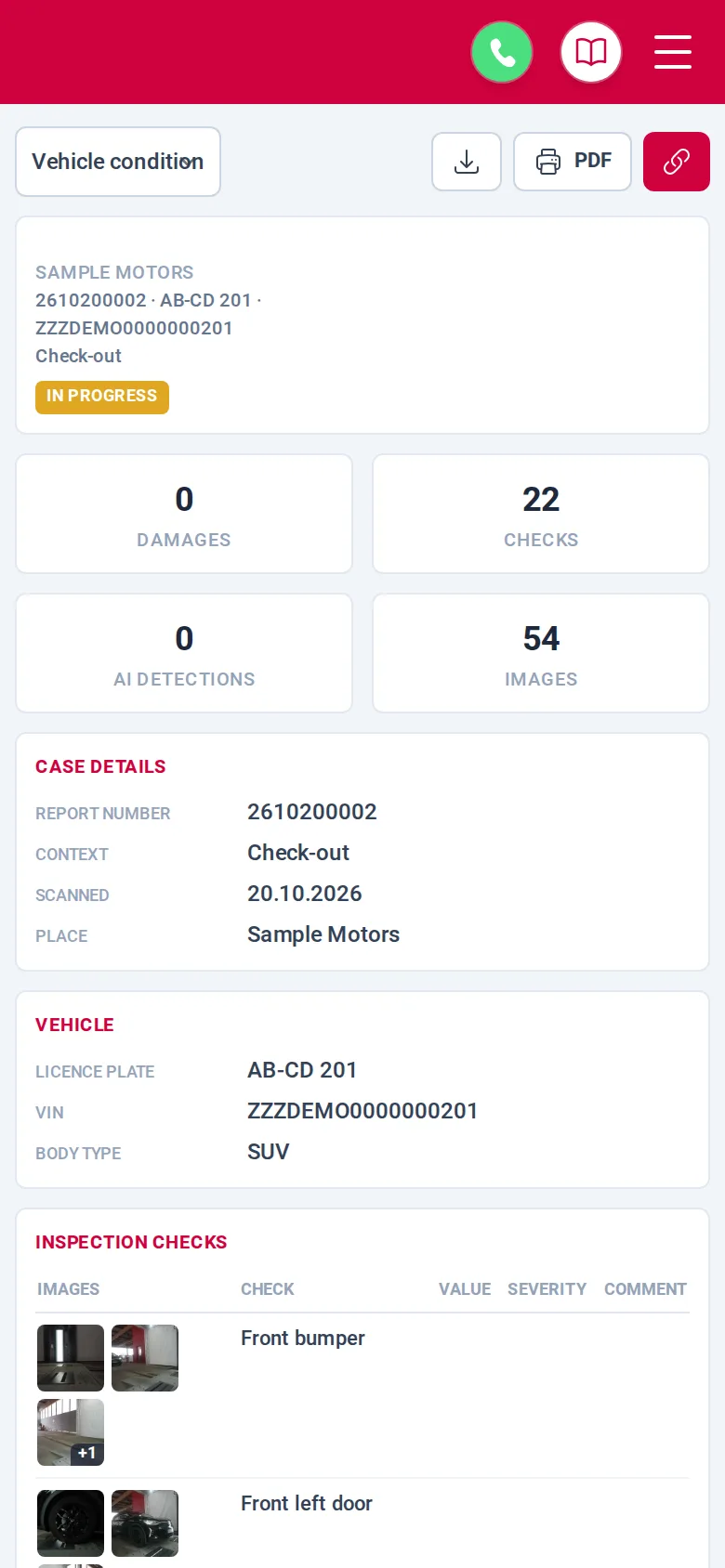 Check-out report of the same vehicle on the phone with 0 damages, 22 checks and 54 images