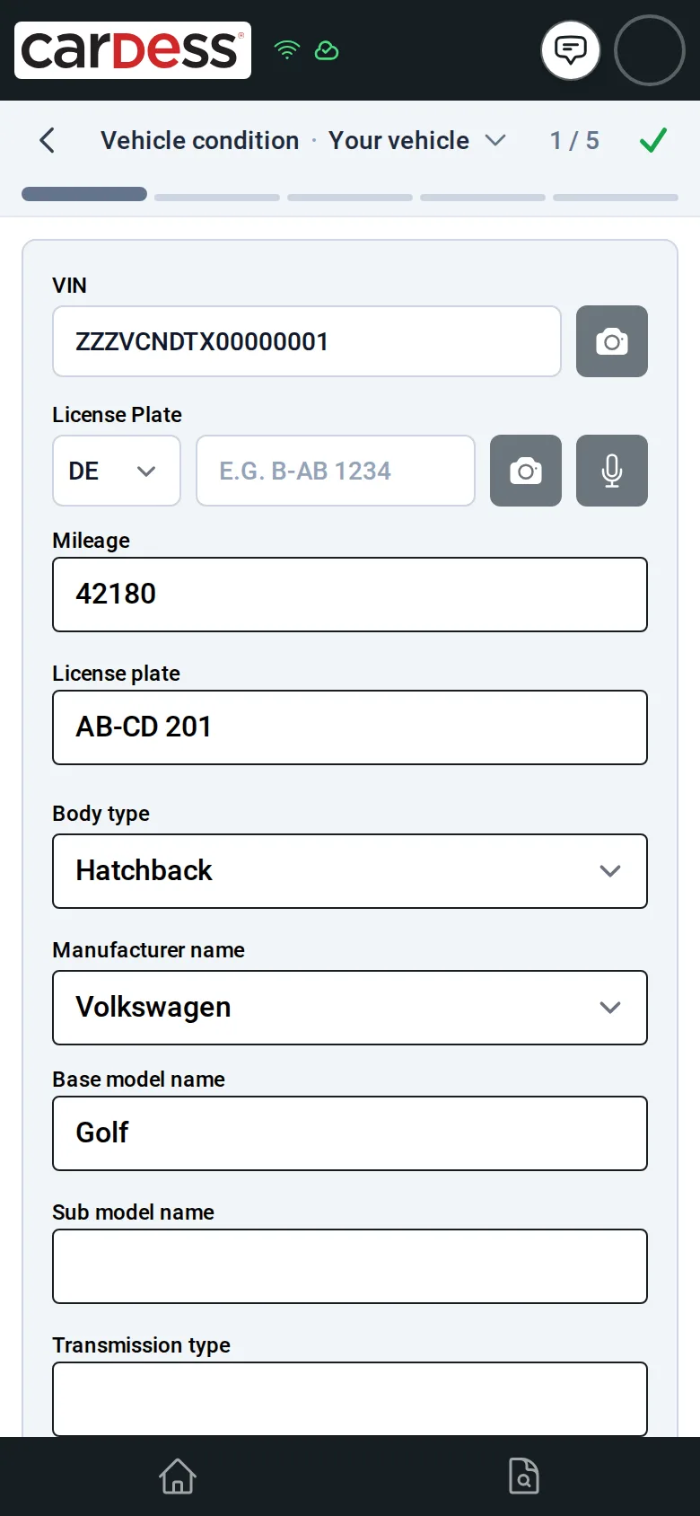 Step Your vehicle with VIN, mileage, plate, body type and make and model filled in, 1 of 5 and five dashes at the top